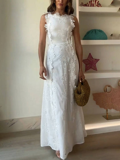 Cocolii robe longue dentelle brodée col carré sans manches femme doux élégant de soirée anniversaire cérémonie de plage