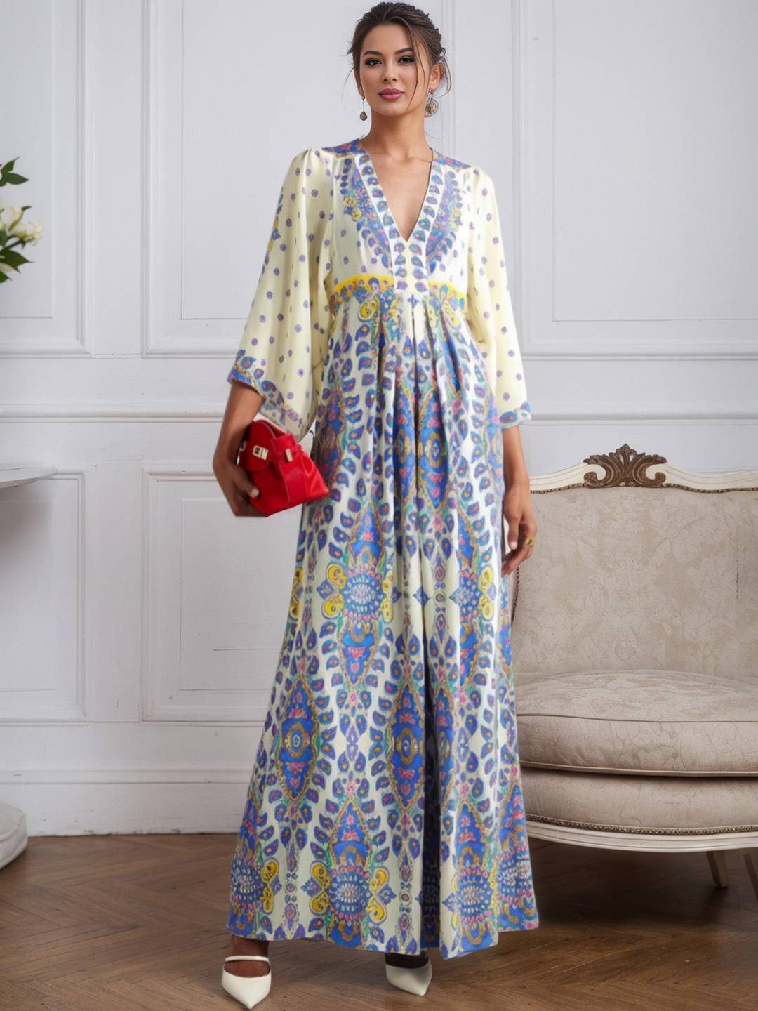 Cocolii longue robe de plage imprimé tribal v-cou manches chauve souris ethnique bohème ample hawaienne décontracté