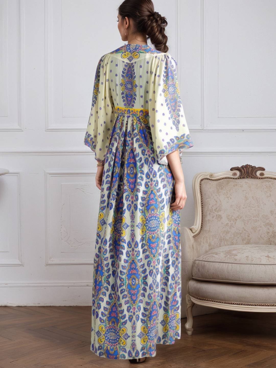 Cocolii longue robe de plage imprimé tribal v-cou manches chauve souris ethnique bohème ample hawaienne décontracté