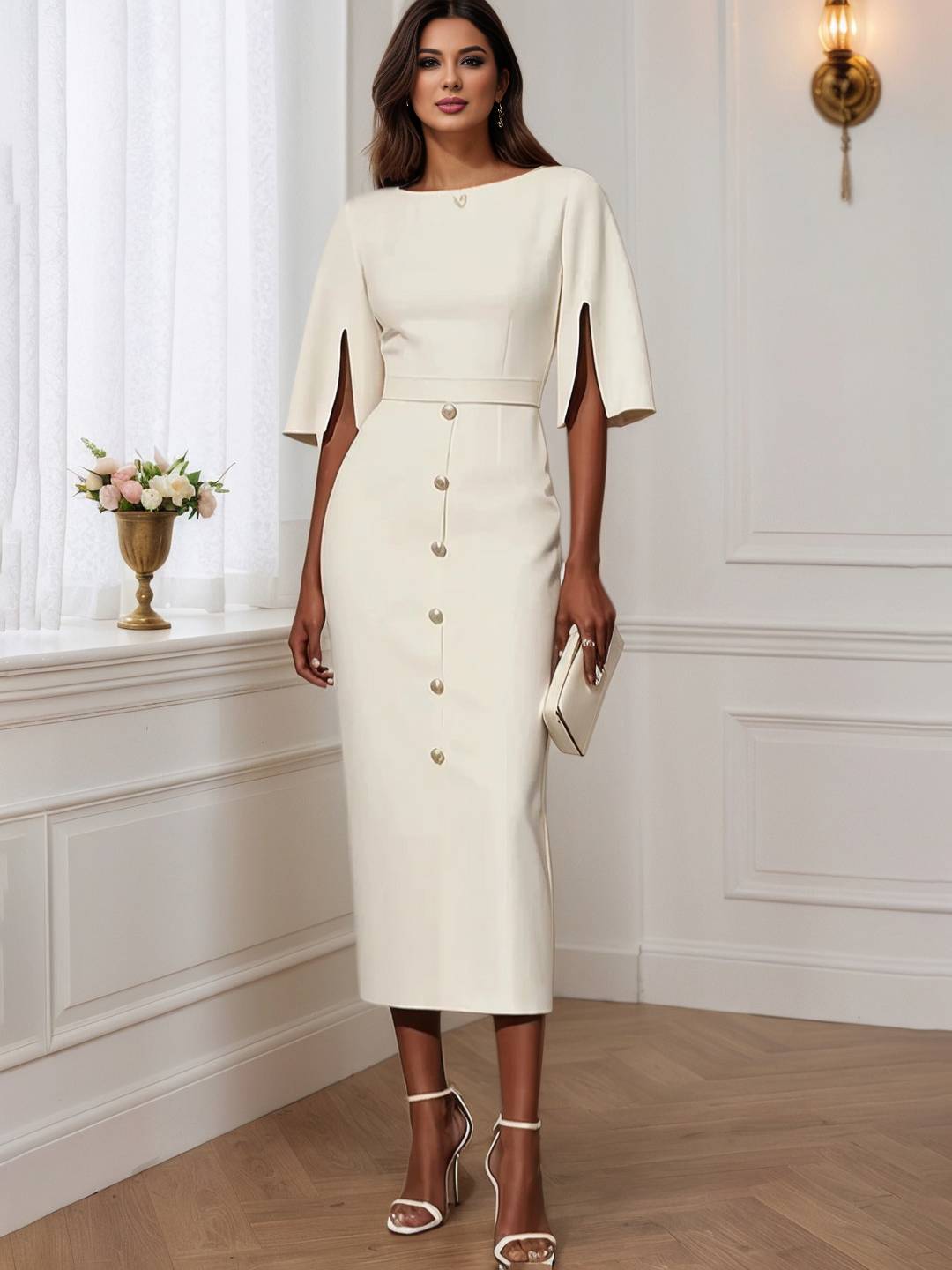 Cocolii robe longue moulante unicolore col rond manches fendues manches courtes élégant pour le bureau et les soirées