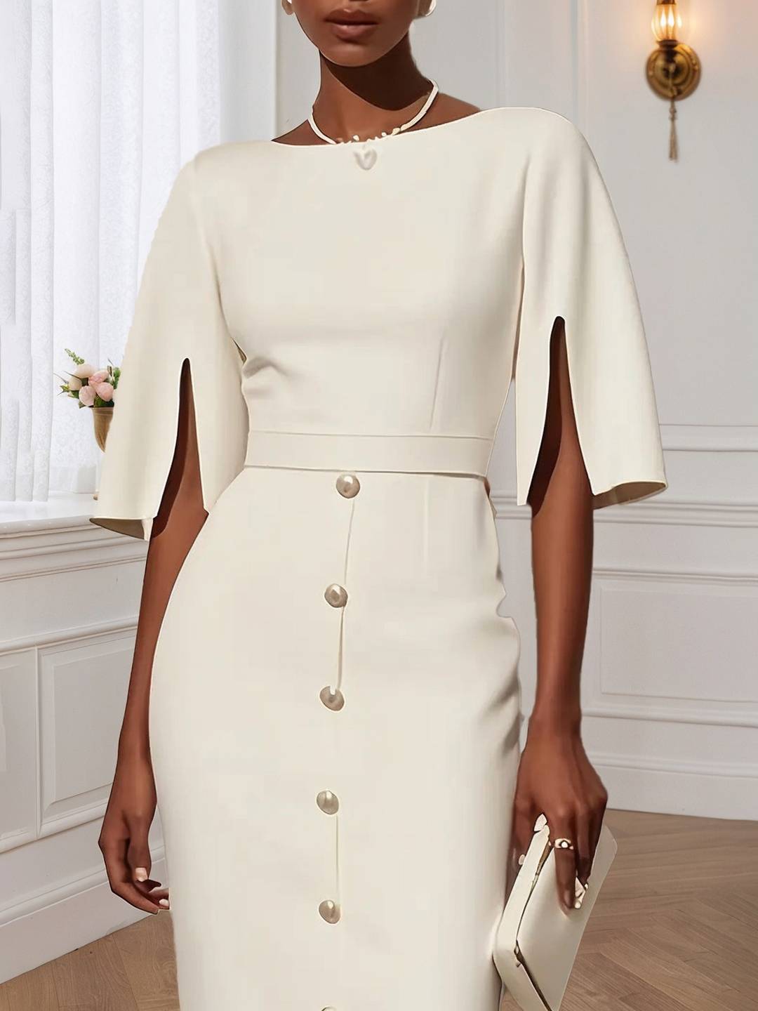 Cocolii robe longue moulante unicolore col rond manches fendues manches courtes élégant pour le bureau et les soirées