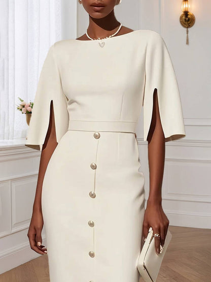 Cocolii robe longue moulante unicolore col rond manches fendues manches courtes élégant pour le bureau et les soirées