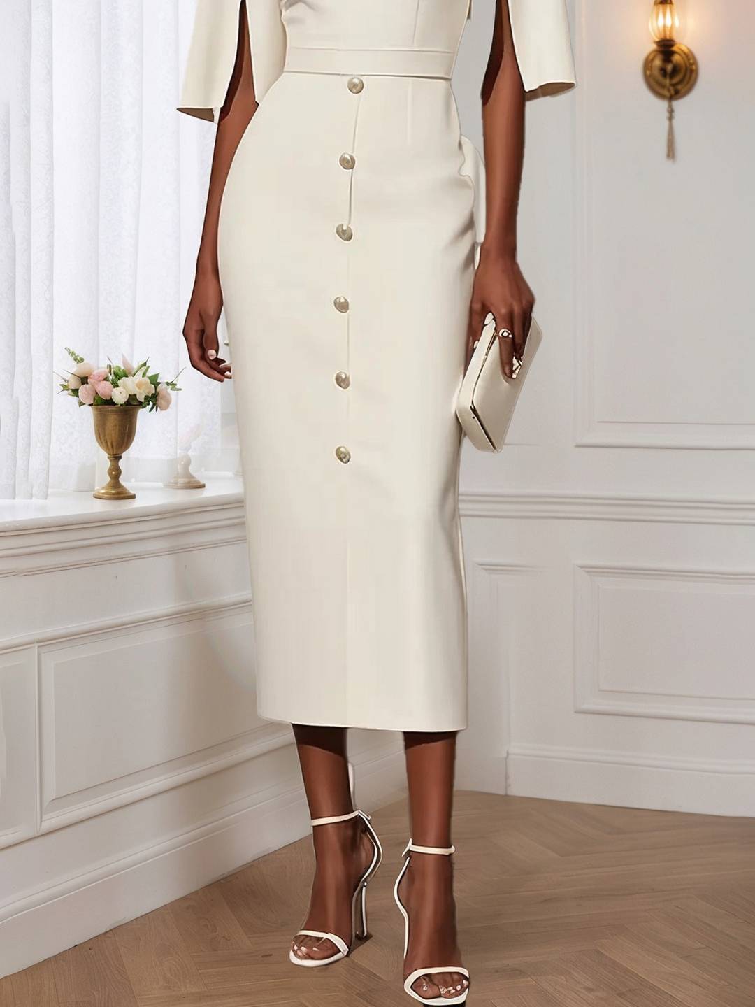 Cocolii robe longue moulante unicolore col rond manches fendues manches courtes élégant pour le bureau et les soirées