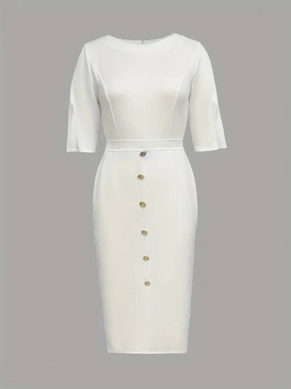 Cocolii robe longue moulante unicolore col rond manches fendues manches courtes élégant pour le bureau et les soirées