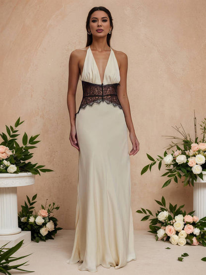 Cocolii robe longue moulante satin dentelle licou v-cou dos nu sans manches femme élégant de soirée pour mariage cérémonie