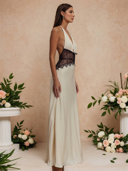 Cocolii robe longue moulante satin dentelle licou v-cou dos nu sans manches femme élégant de soirée pour mariage cérémonie