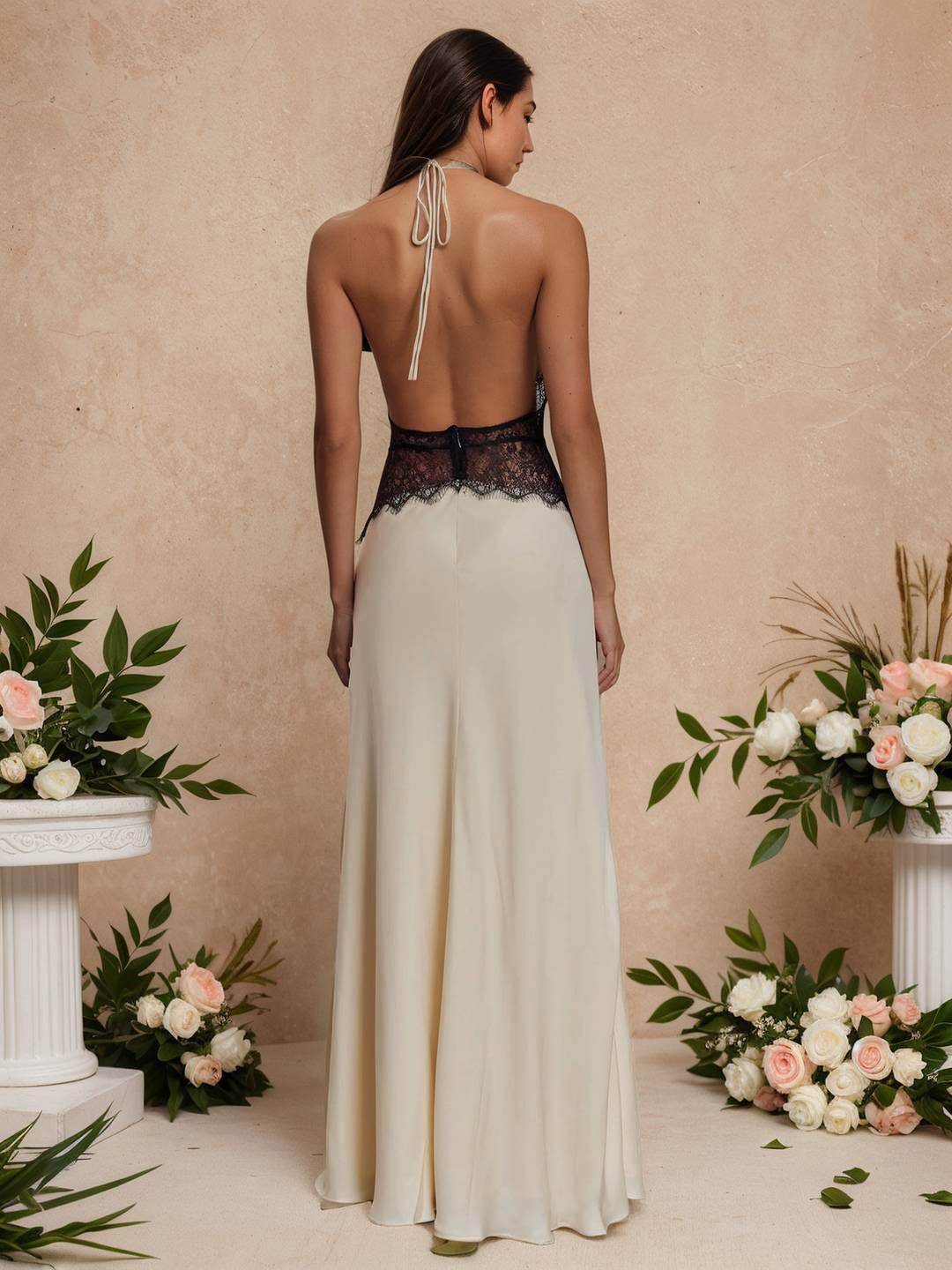 Cocolii robe longue moulante satin dentelle licou v-cou dos nu sans manches femme élégant de soirée pour mariage cérémonie