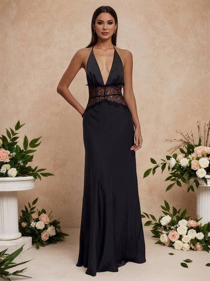 Cocolii robe longue moulante satin dentelle licou v-cou dos nu sans manches femme élégant de soirée pour mariage cérémonie