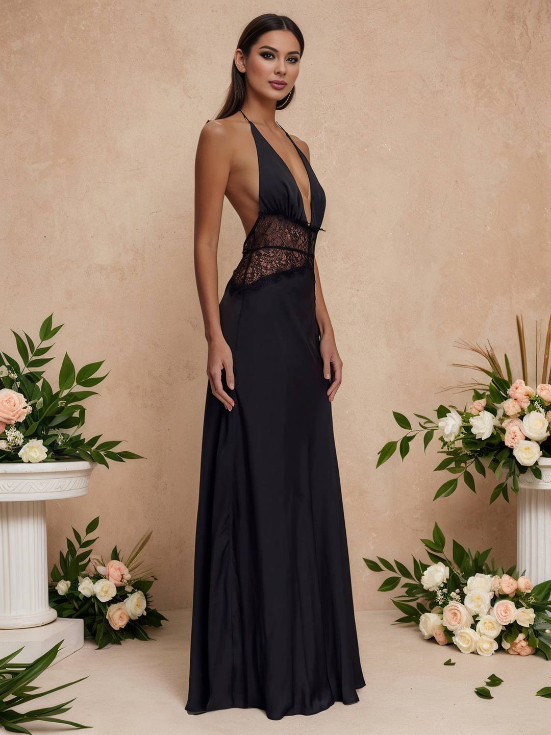 Cocolii robe longue moulante satin dentelle licou v-cou dos nu sans manches femme élégant de soirée pour mariage cérémonie