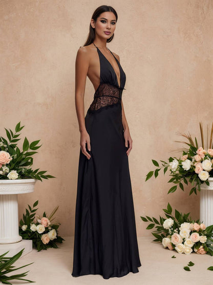 Cocolii robe longue moulante satin dentelle licou v-cou dos nu sans manches femme élégant de soirée pour mariage cérémonie