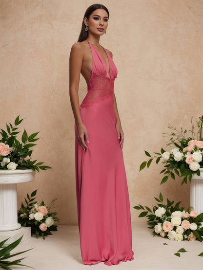 Cocolii robe longue moulante satin dentelle licou v-cou dos nu sans manches femme élégant de soirée pour mariage cérémonie