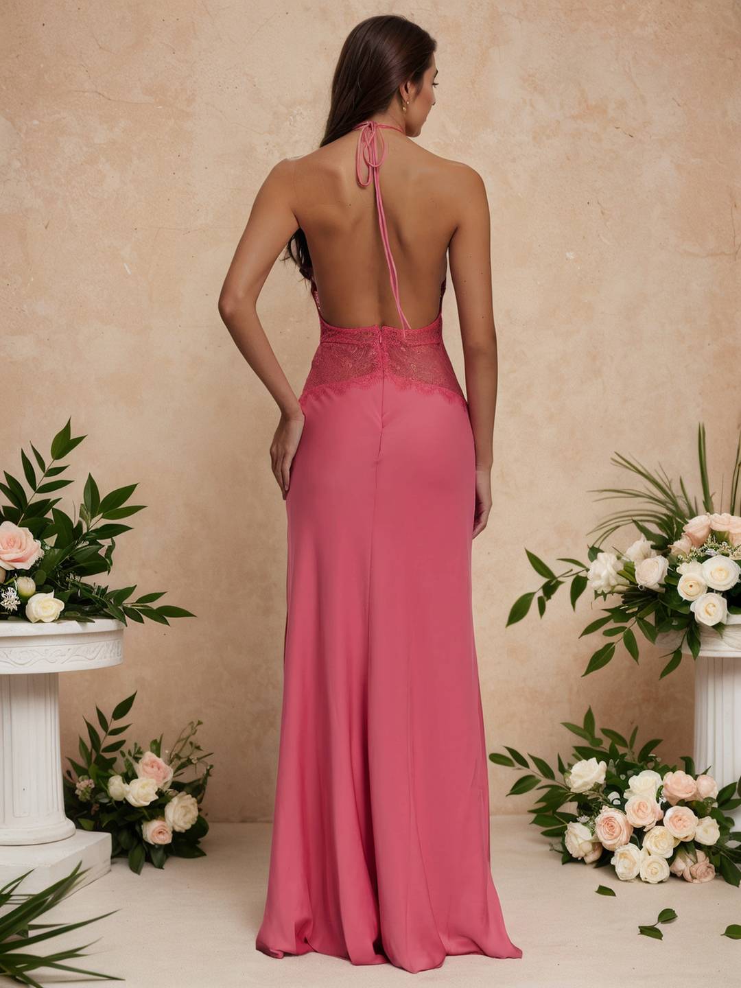 Cocolii robe longue moulante satin dentelle licou v-cou dos nu sans manches femme élégant de soirée pour mariage cérémonie