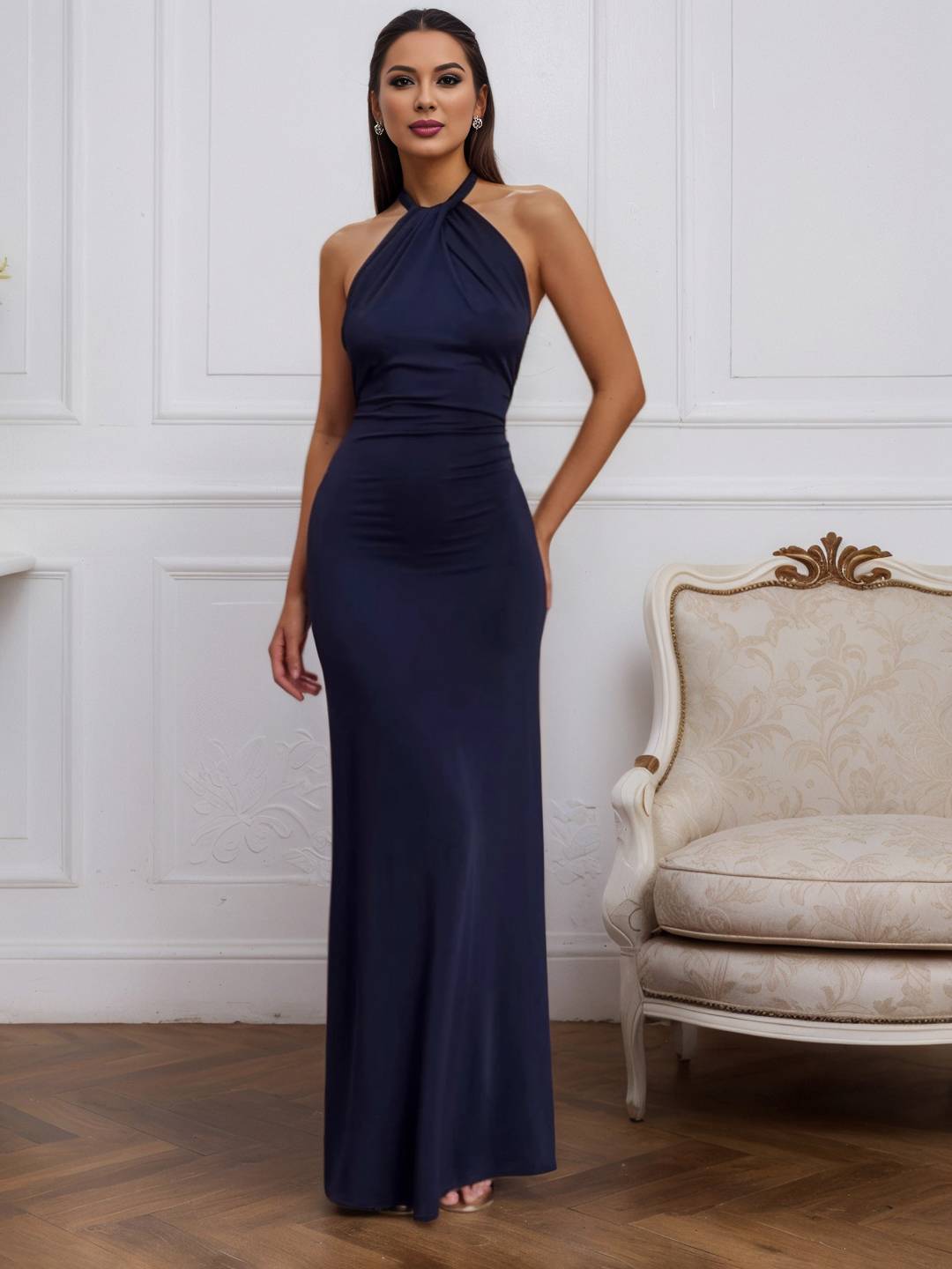 Cocolii robe de soirée longue à col licou torsadé et dos nu élégante et flatteuse pour une silhouette chic