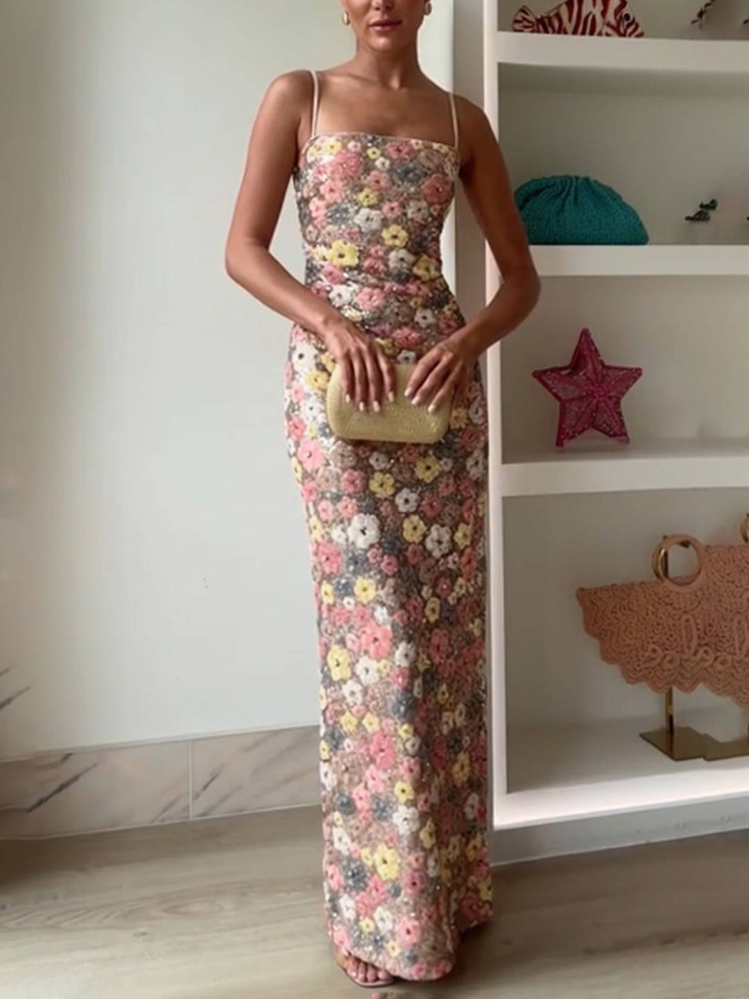 Cocolii robe longue moulante brillante paillette imprimé à fleurie à fines brides sans manches femme de soirée cérémonie