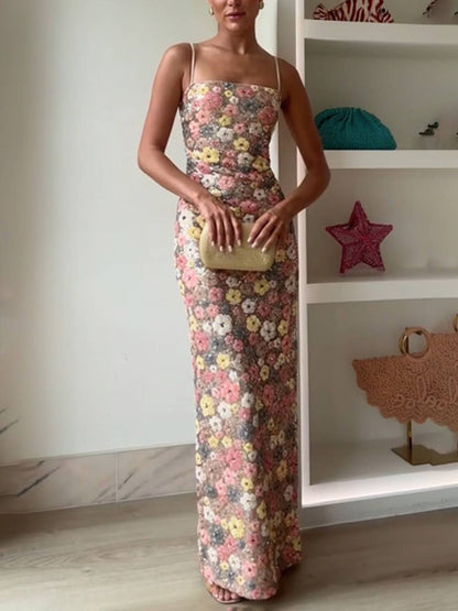 Cocolii robe longue moulante brillante paillette imprimé à fleurie à fines brides sans manches femme de soirée cérémonie