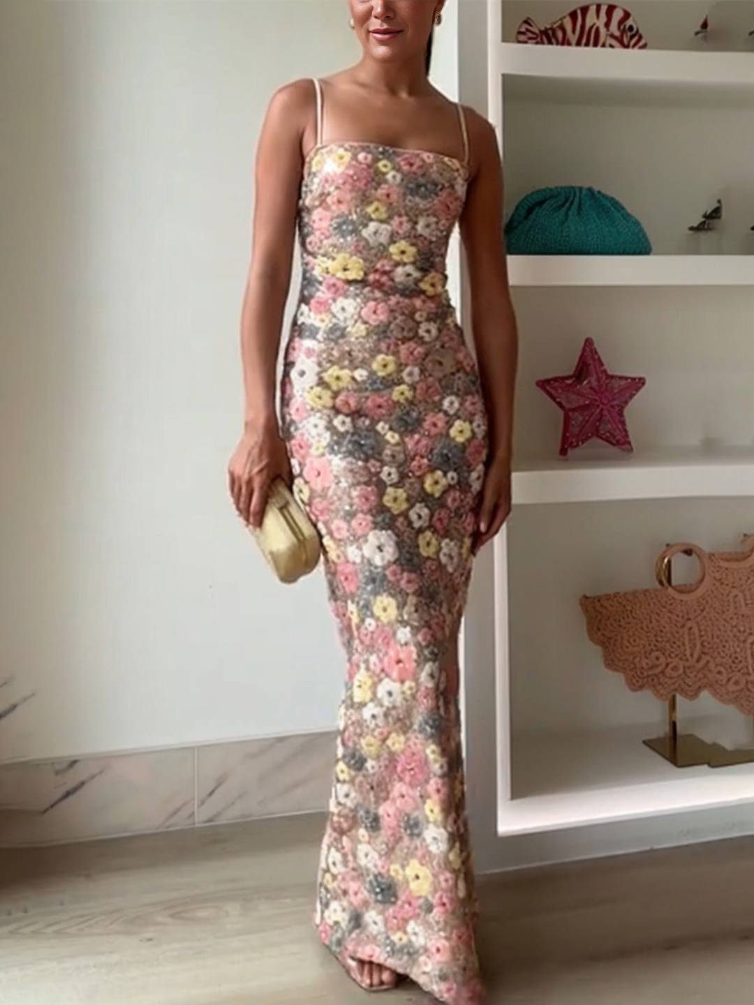 Cocolii robe longue moulante brillante paillette imprimé à fleurie à fines brides sans manches femme de soirée cérémonie