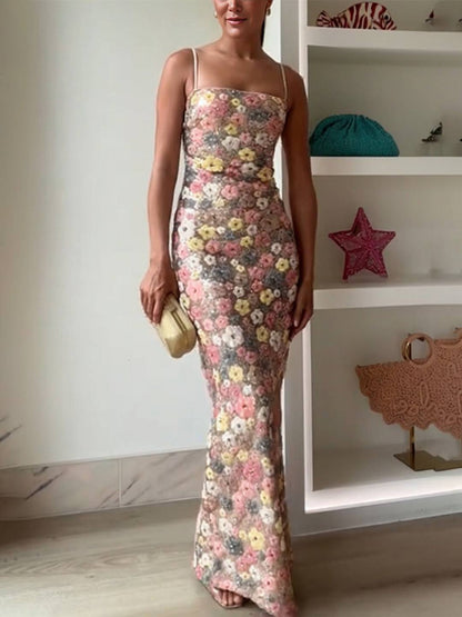 Cocolii robe longue moulante brillante paillette imprimé à fleurie à fines brides sans manches femme de soirée cérémonie