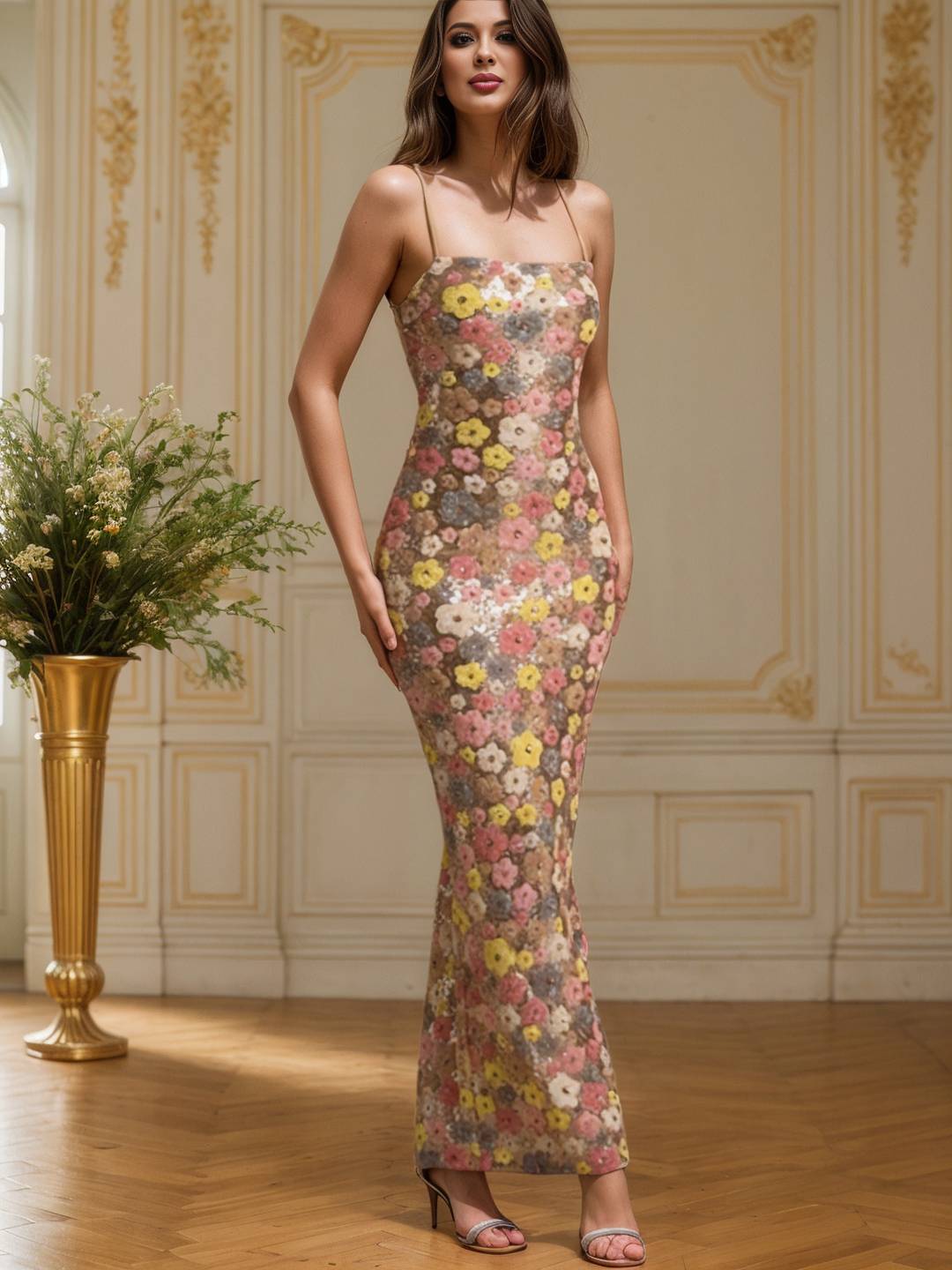 Cocolii robe longue moulante brillante paillette imprimé à fleurie à fines brides sans manches femme de soirée cérémonie