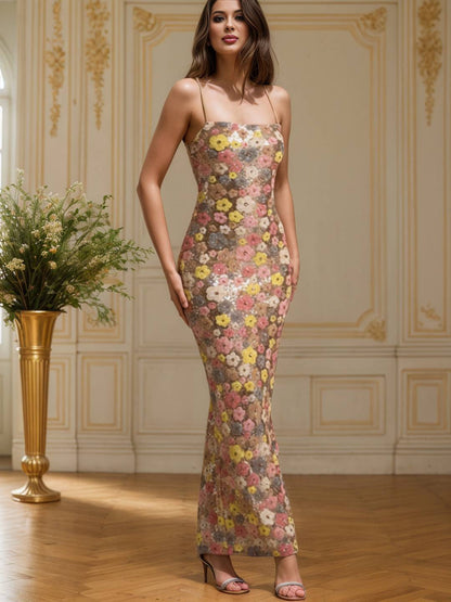 Cocolii robe longue moulante brillante paillette imprimé à fleurie à fines brides sans manches femme de soirée cérémonie