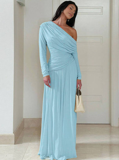 Cocolii robe longue femme une épaule drapée fluide manches longues élégant robe de soirée cérémonie bal de promo