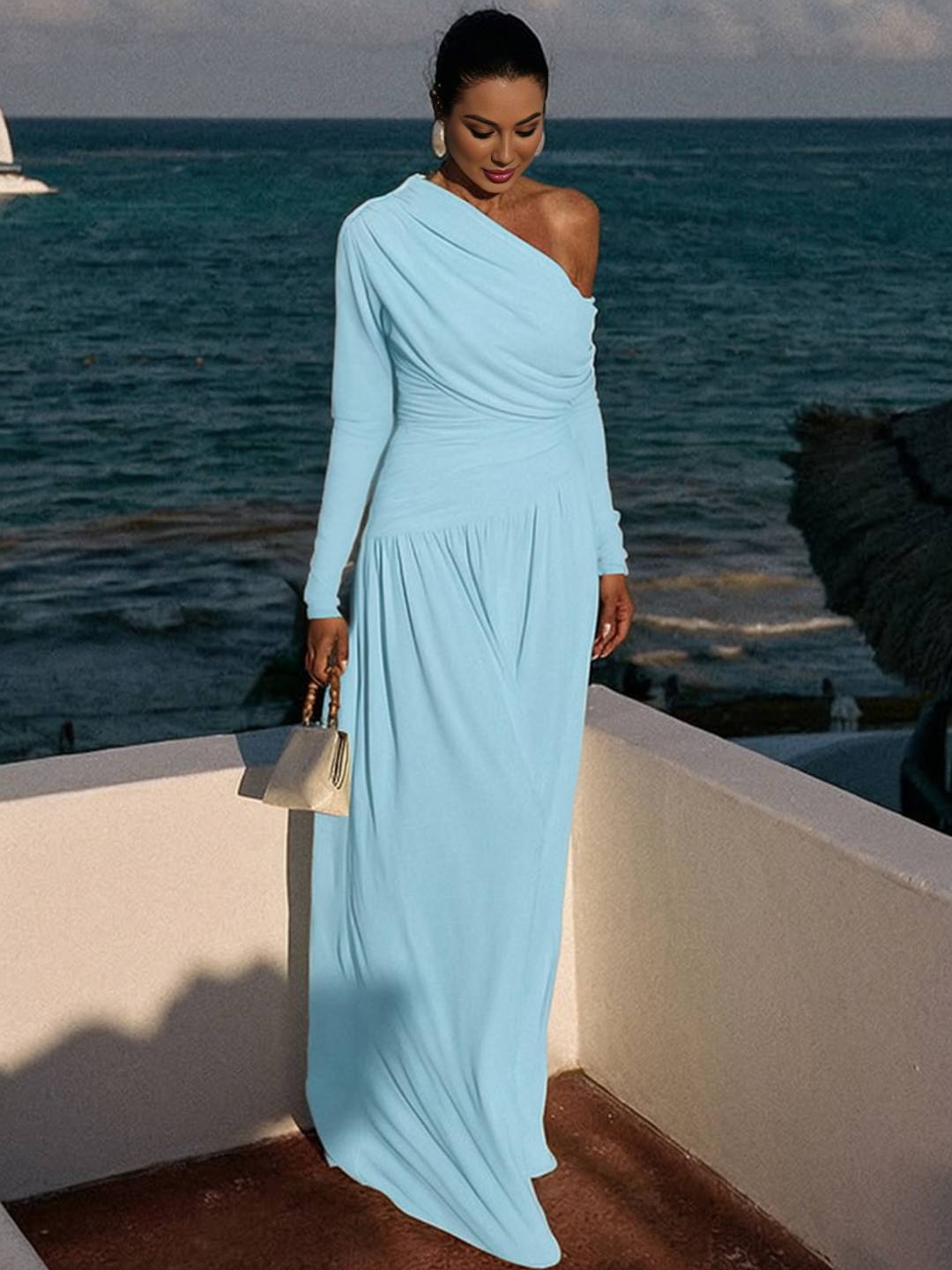 Cocolii robe longue femme une épaule drapée fluide manches longues élégant robe de soirée cérémonie bal de promo