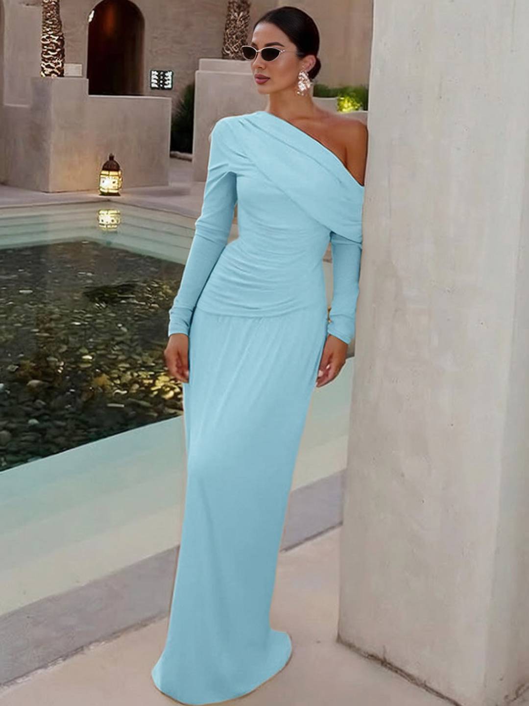 Cocolii robe longue femme une épaule drapée fluide manches longues élégant robe de soirée cérémonie bal de promo