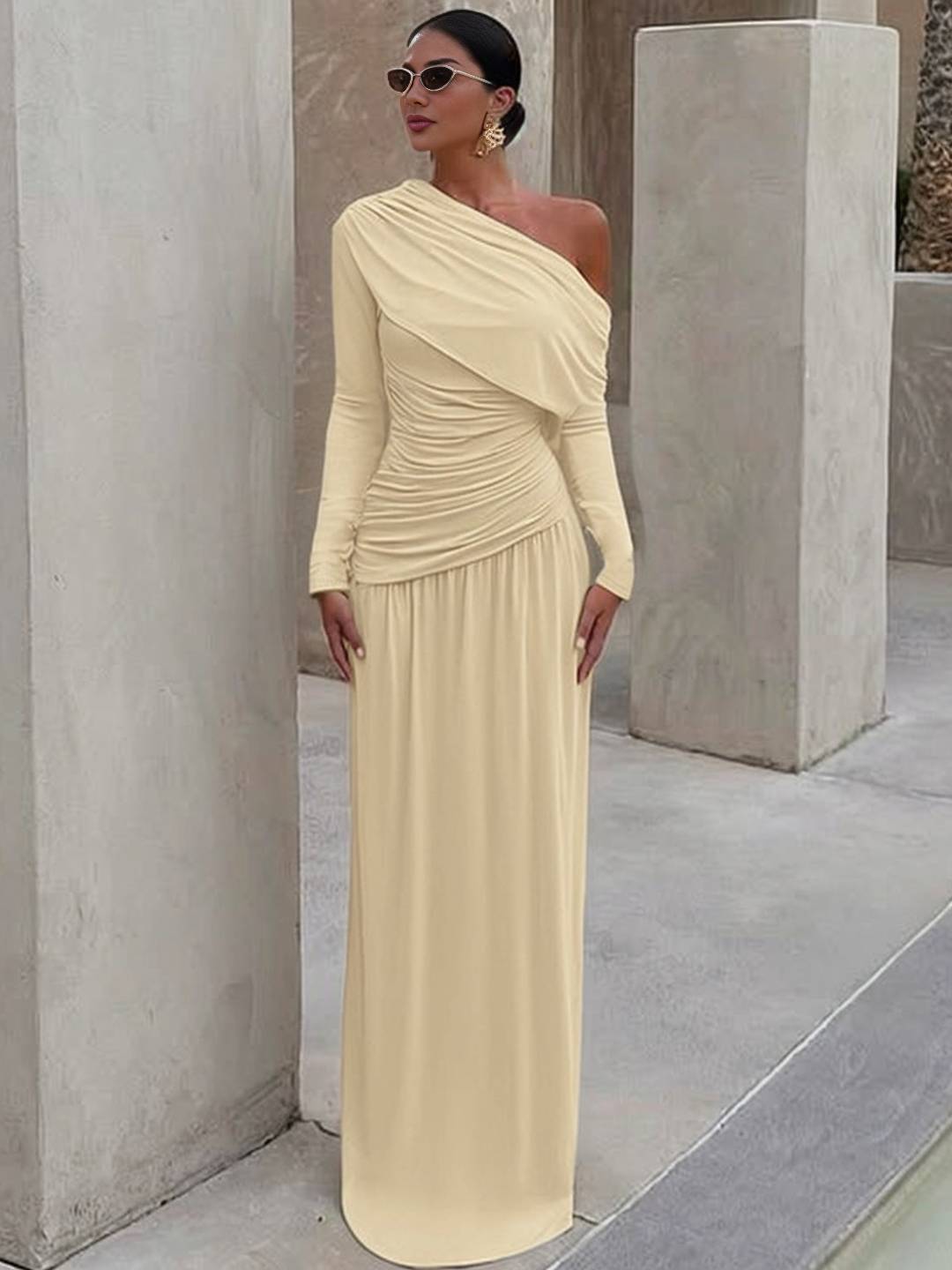 Cocolii robe longue femme une épaule drapée fluide manches longues élégant robe de soirée cérémonie bal de promo