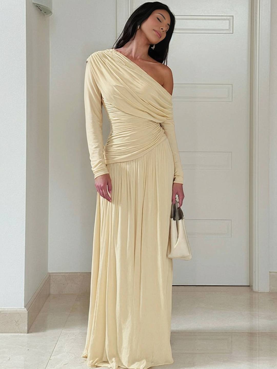 Cocolii robe longue femme une épaule drapée fluide manches longues élégant robe de soirée cérémonie bal de promo