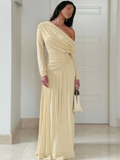 Cocolii robe longue femme une épaule drapée fluide manches longues élégant robe de soirée cérémonie bal de promo