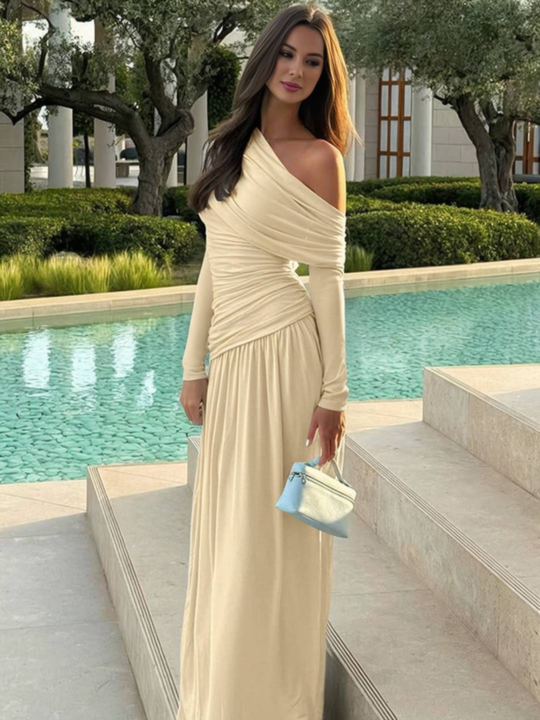 Cocolii robe longue femme une épaule drapée fluide manches longues élégant robe de soirée cérémonie bal de promo