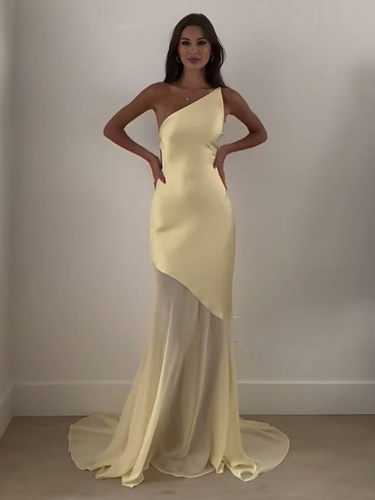 Cocolii longue robe de soirée en satin une épaule dos nu femme élégant ourlet tulle sirène transparent cérémonie