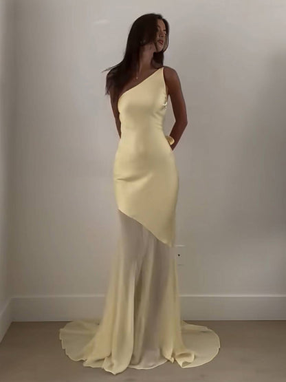 Cocolii longue robe de soirée en satin une épaule dos nu femme élégant ourlet tulle sirène transparent cérémonie