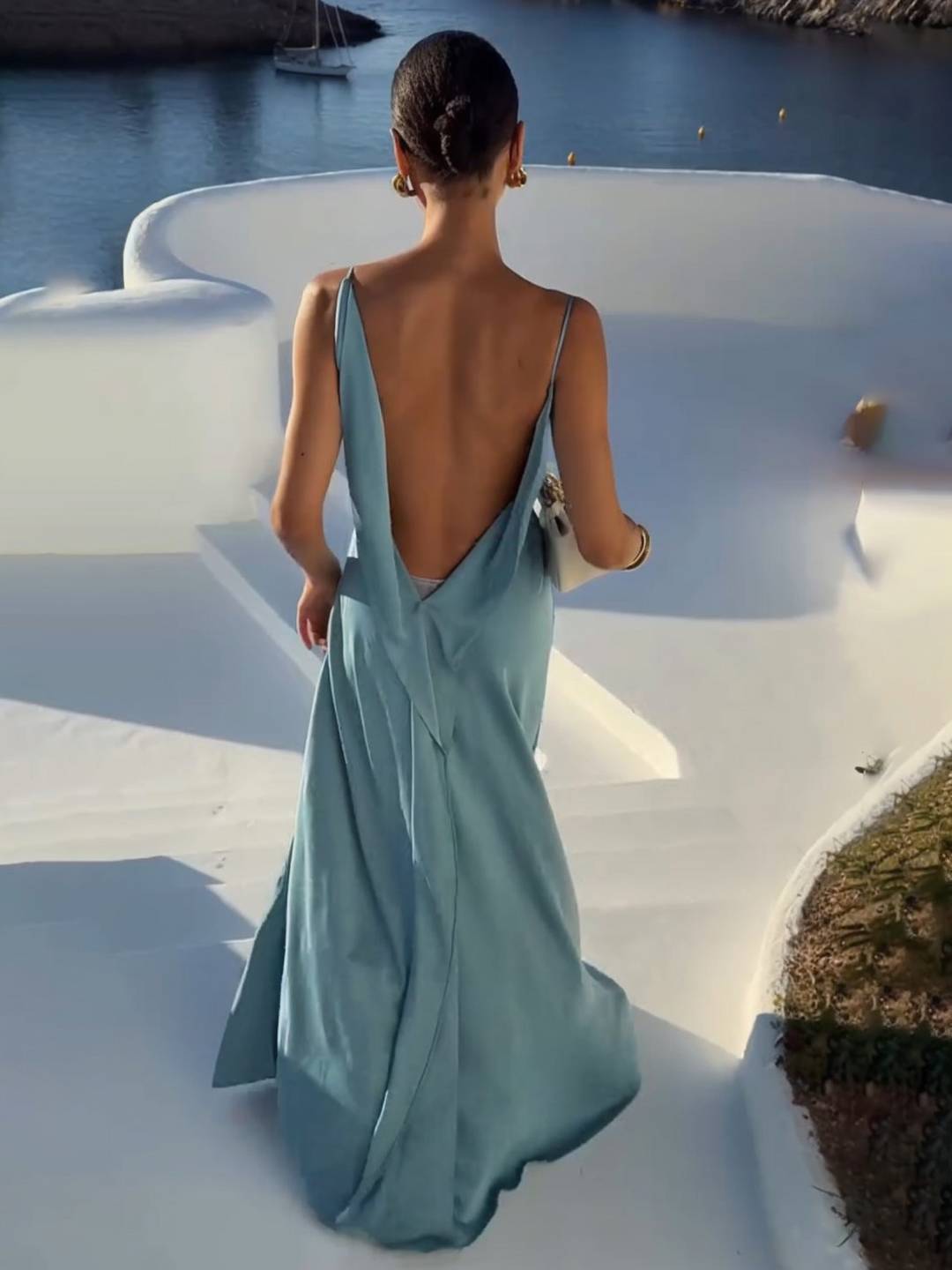 Cocolii robe longue fendu le côté à volantée décolleté dos nu v-cou sans manches femme élégant cérémonie de plage