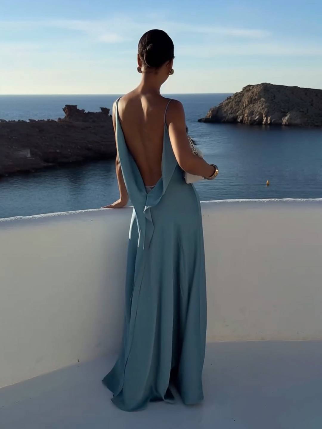 Cocolii robe longue fendu le côté à volantée décolleté dos nu v-cou sans manches femme élégant cérémonie de plage