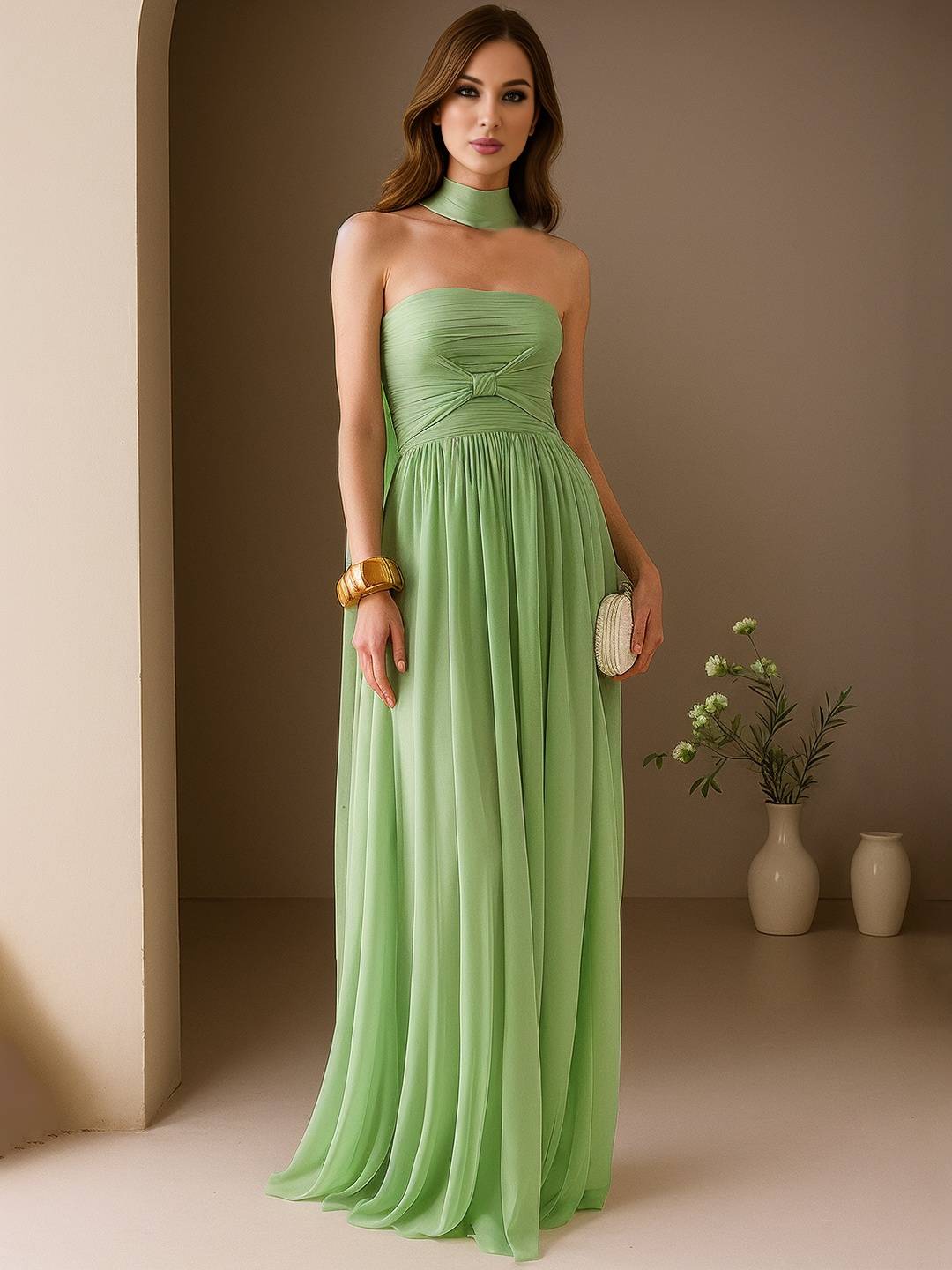 Cocolii longue robe de soirée mousseline plissée fluide nœud bustier sans manches femme bal de promo cérémonie