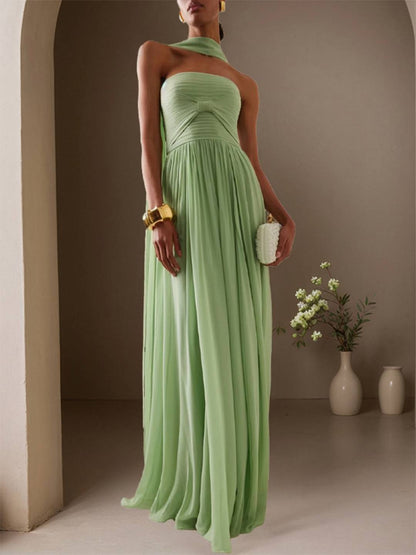 Cocolii longue robe de soirée mousseline plissée fluide nœud bustier sans manches femme bal de promo cérémonie