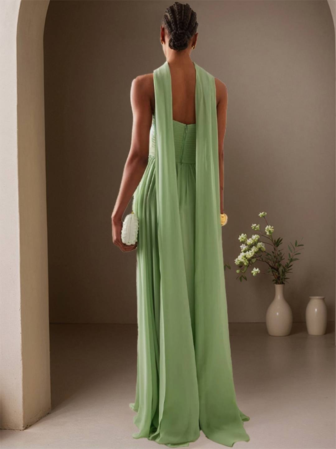 Cocolii longue robe de soirée mousseline plissée fluide nœud bustier sans manches femme bal de promo cérémonie