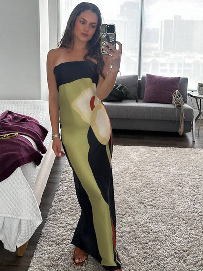 Cocolii robe longue en satin irrégulière imprimé à fleurie bustier dos nu sans manches femme vintage de plage