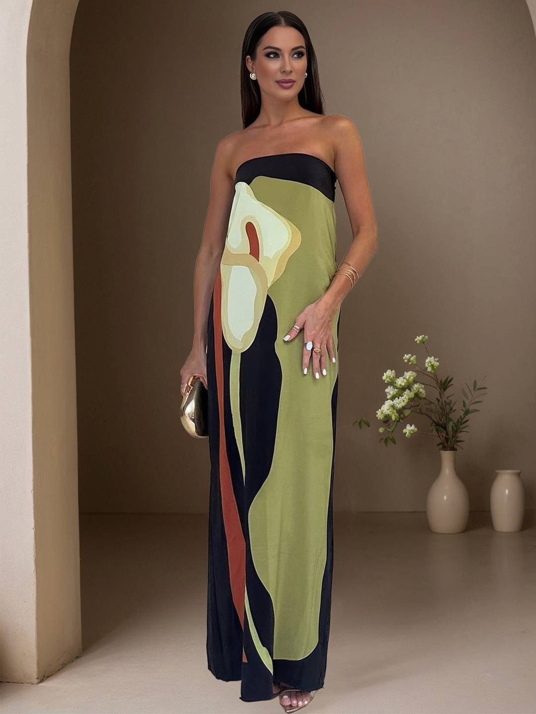 Cocolii robe longue en satin irrégulière imprimé à fleurie bustier dos nu sans manches femme vintage de plage