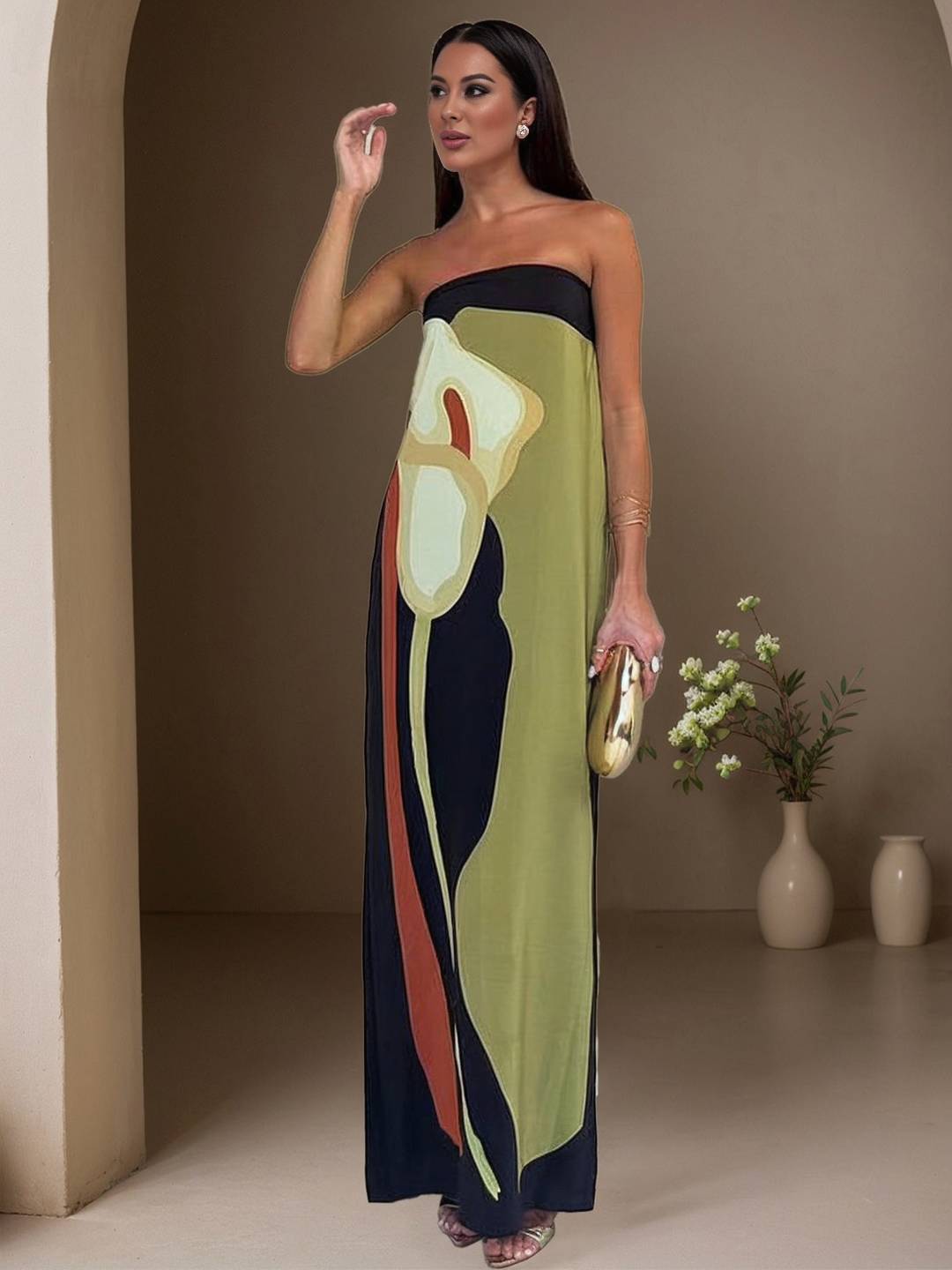 Cocolii robe longue en satin irrégulière imprimé à fleurie bustier dos nu sans manches femme vintage de plage