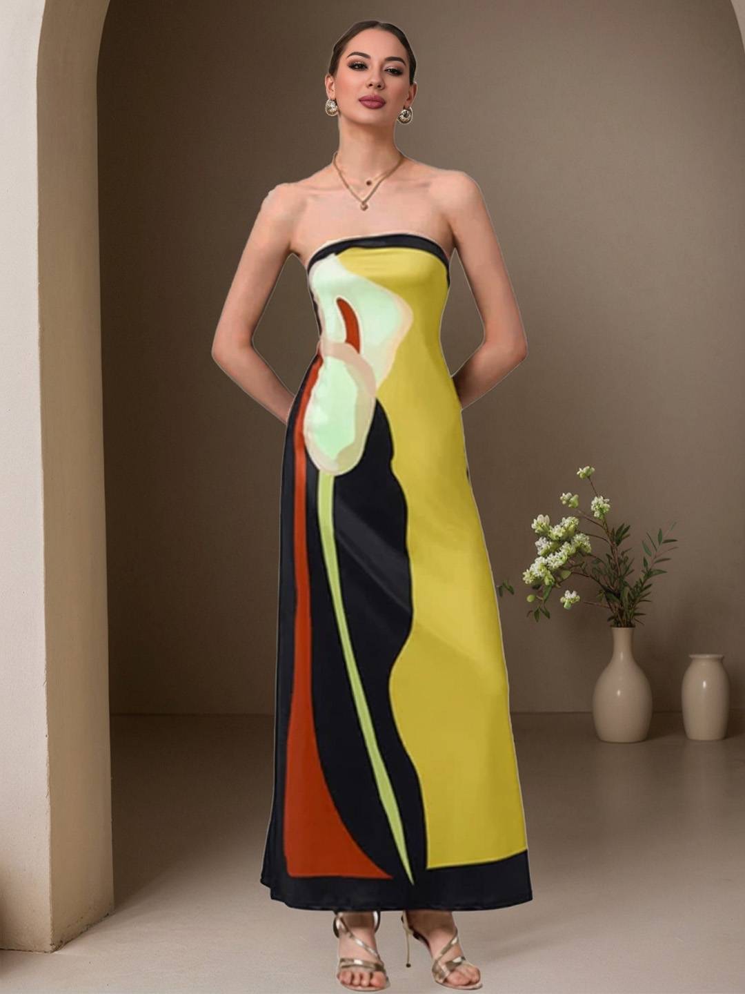 Cocolii robe longue en satin irrégulière imprimé à fleurie bustier dos nu sans manches femme vintage de plage