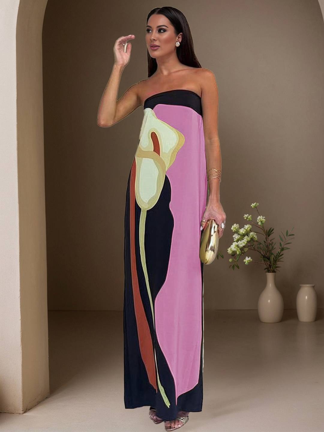 Cocolii robe longue en satin irrégulière imprimé à fleurie bustier dos nu sans manches femme vintage de plage