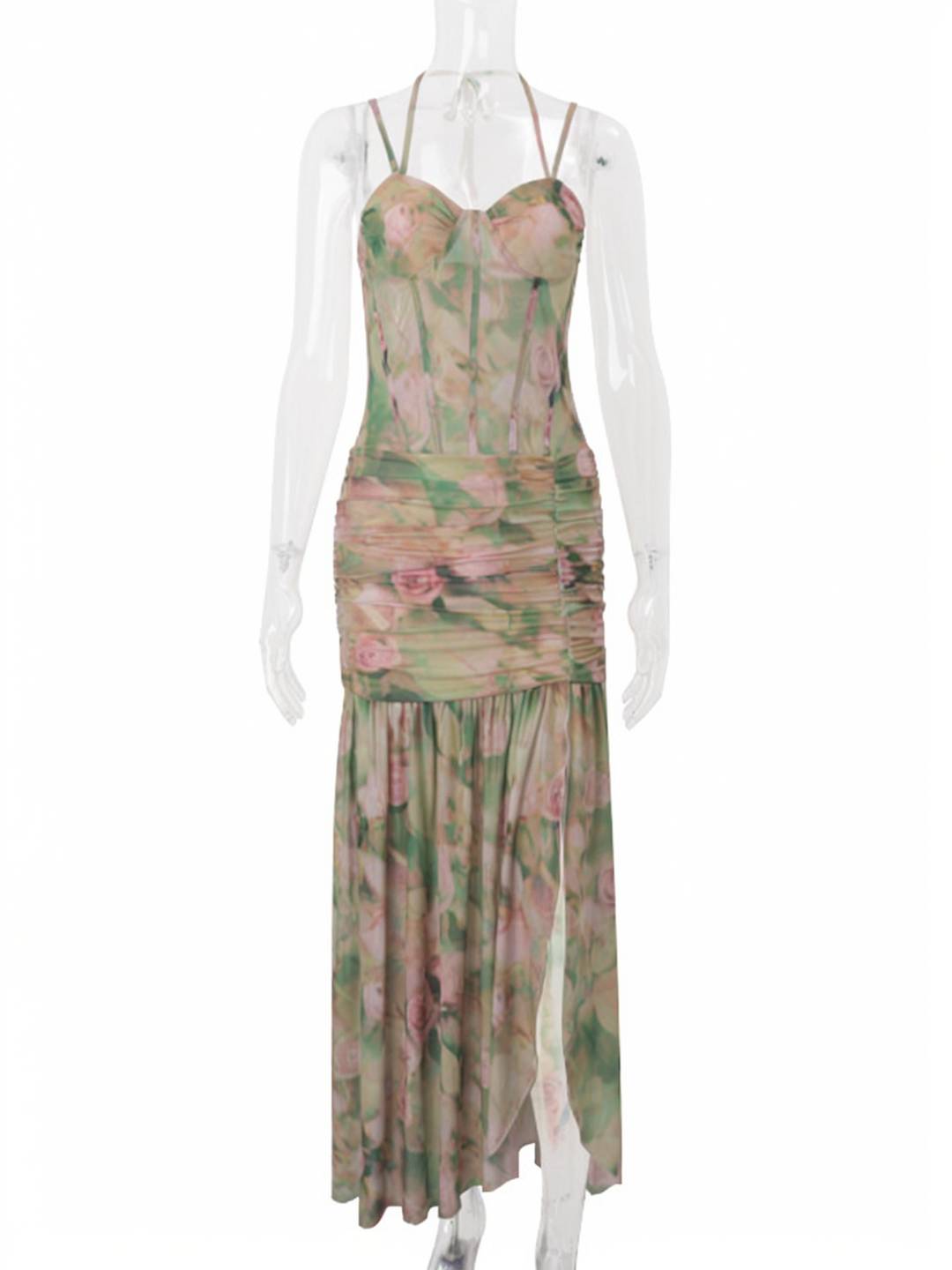 Cocolii robe longue corset imprimé à fleurie fendu le côté dos nu à fines brides sans manches élégant vintage de plage