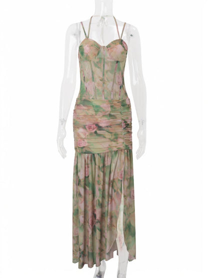 Cocolii robe longue corset imprimé à fleurie fendu le côté dos nu à fines brides sans manches élégant vintage de plage