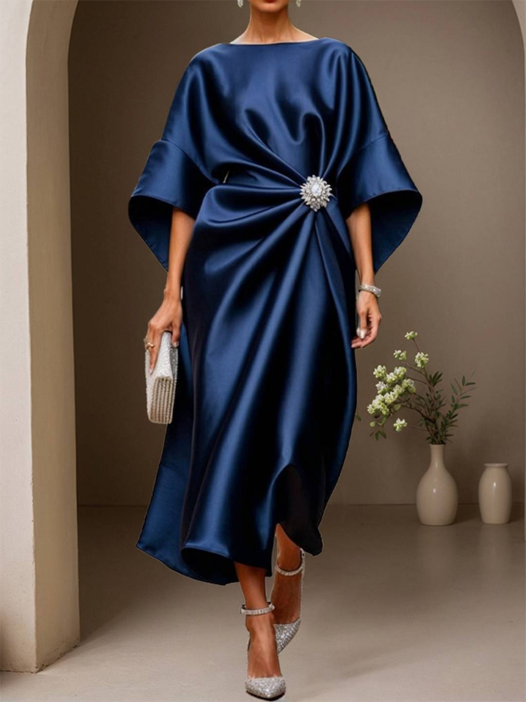 Cocolii robe longue en satin col rond manches longues femme élégant ample décontracté bal de promo cérémonie robe de soirée