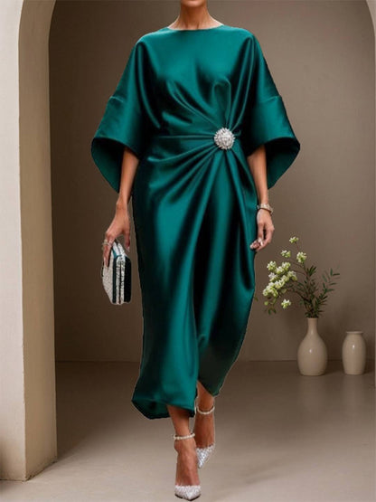 Cocolii robe longue en satin col rond manches longues femme élégant ample décontracté bal de promo cérémonie robe de soirée