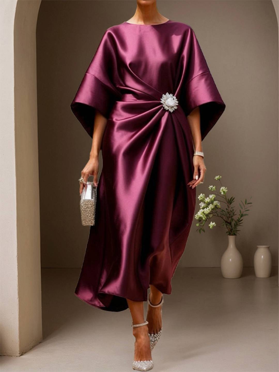 Cocolii robe longue en satin col rond manches longues femme élégant ample décontracté bal de promo cérémonie robe de soirée
