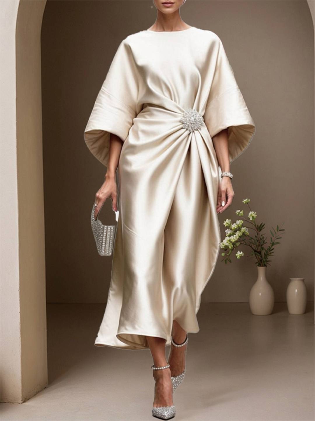 Cocolii robe longue en satin col rond manches longues femme élégant ample décontracté bal de promo cérémonie robe de soirée