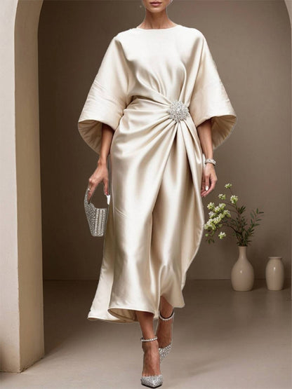 Cocolii robe longue en satin col rond manches longues femme élégant ample décontracté bal de promo cérémonie robe de soirée