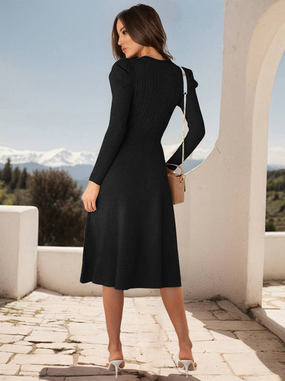 Cocolii robe pull femme en maille trapèze ceinture col rond manches bouffantes manches longues doux élégant d'hiver